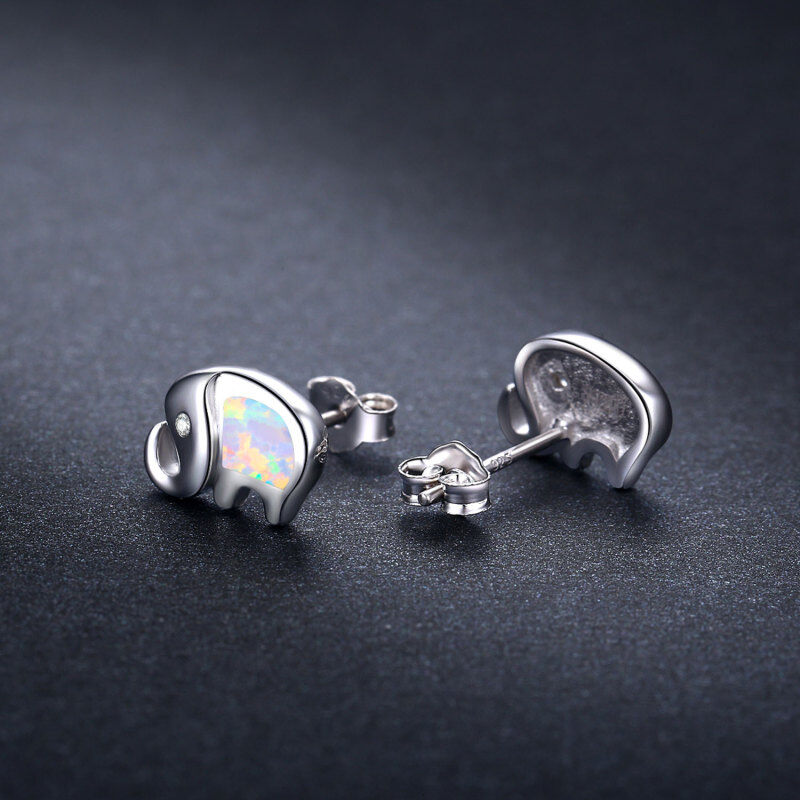 Sterling Silver Cubic Zirconia & Opal Elephant Stud Earrings-4
