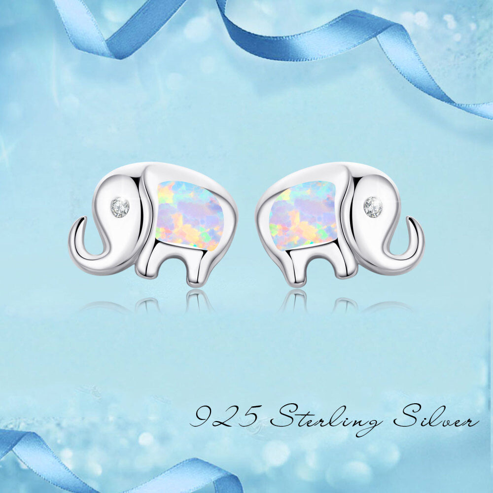 Sterling Silver Cubic Zirconia & Opal Elephant Stud Earrings-6