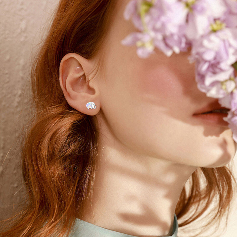 Sterling Silver Cubic Zirconia & Opal Elephant Stud Earrings-2