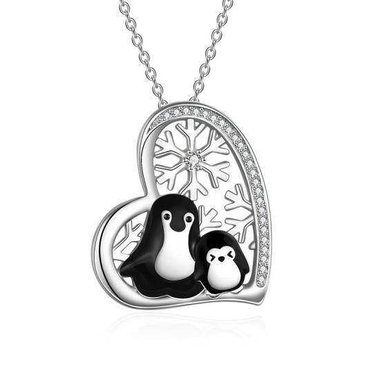 Collar de plata de ley con forma de copo de nieve y corazón de pingüino para mujer