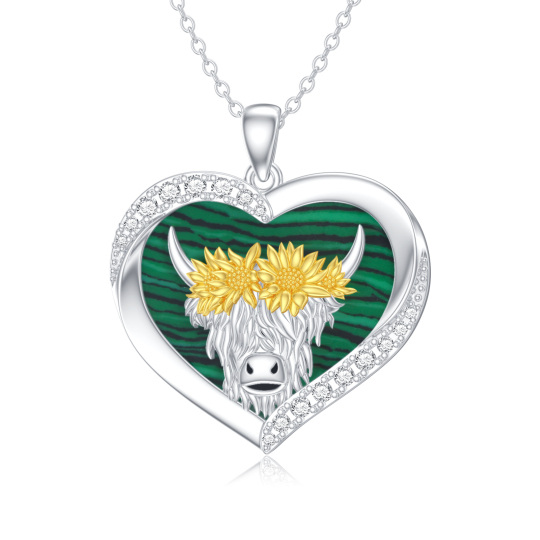 Sterling Silver Cubic Zirconia & Malachite Cow & Sunflower Pendant Necklace For Women Best Friends