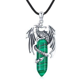 Sterling Silver Malachite Dragon Pendant Necklace-39