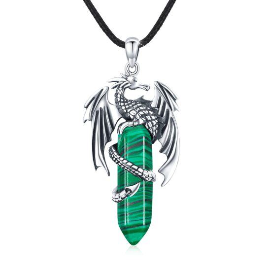 Collana con ciondolo a forma di drago in malachite in argento sterling