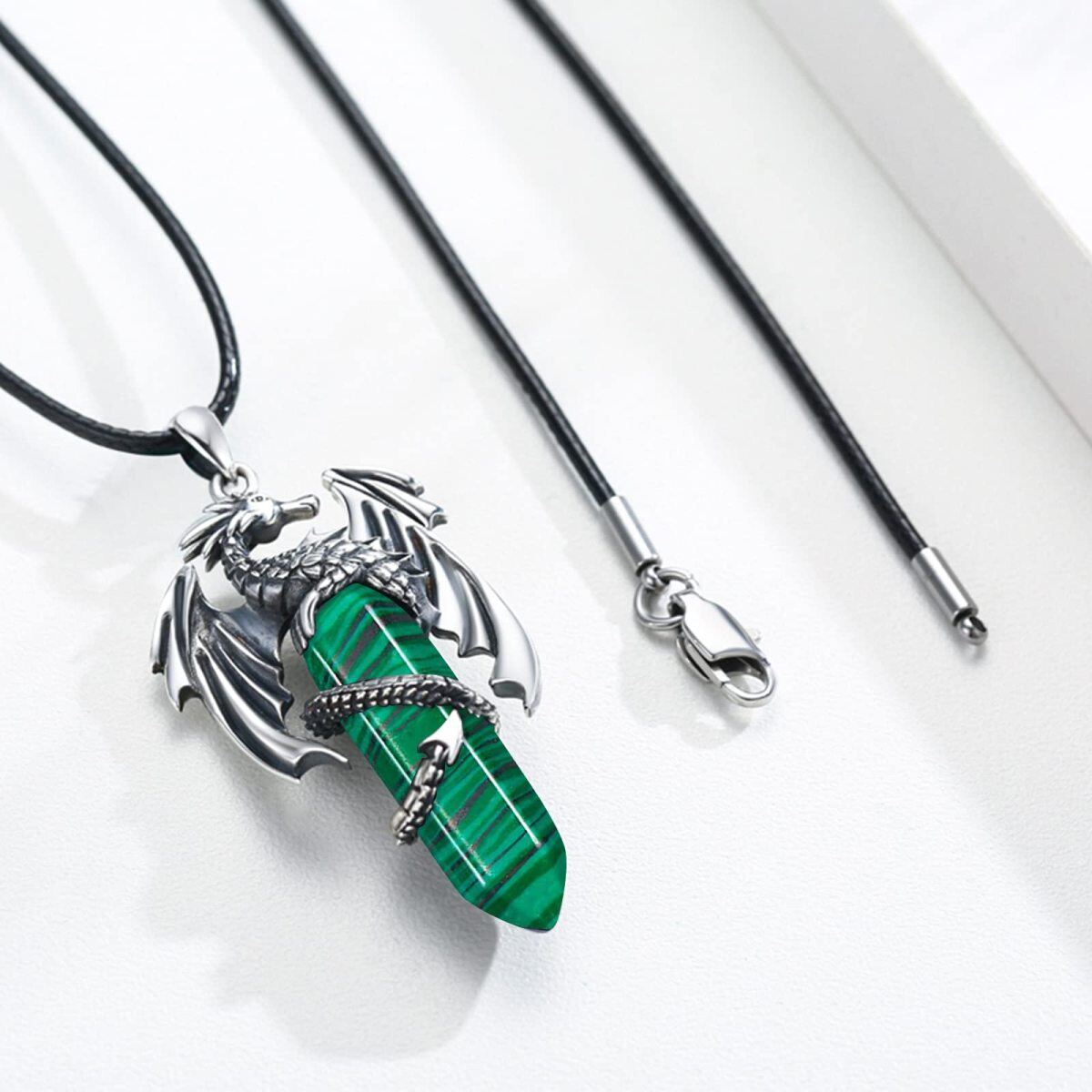 Sterling Silver Malachite Dragon Pendant Necklace-5