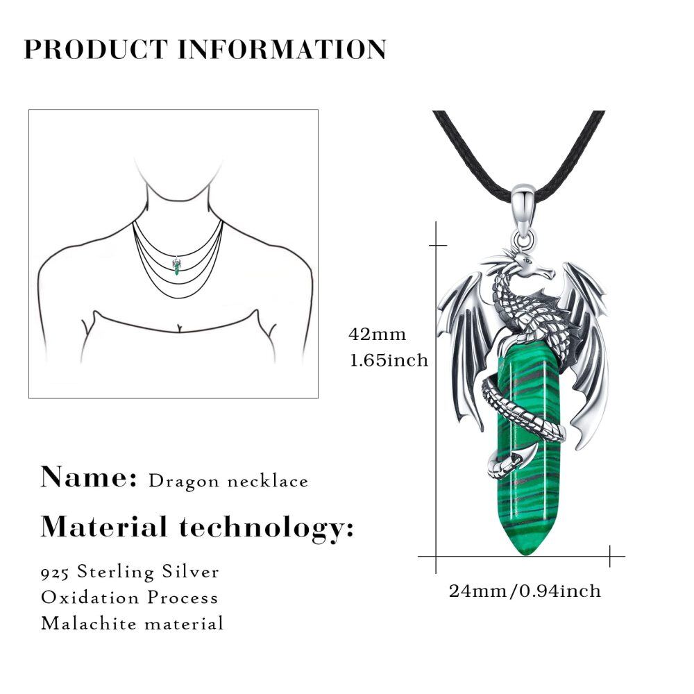 Sterling Silver Malachite Dragon Pendant Necklace-6