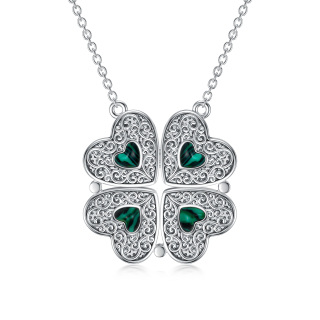 Sterling Silver Malachite Four Leaf Clover & Heart Pendant Necklace-52