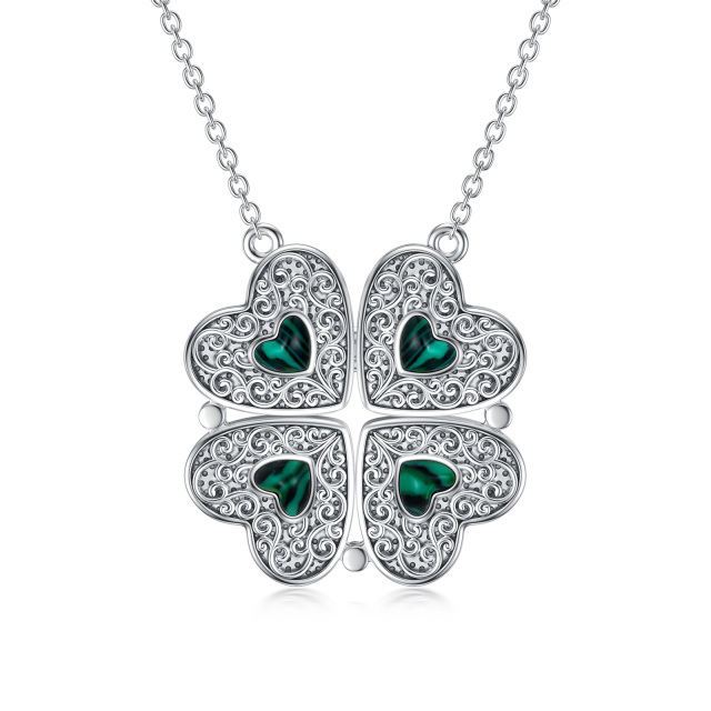 Sterling Silver Malachite Four Leaf Clover & Heart Pendant Necklace-5