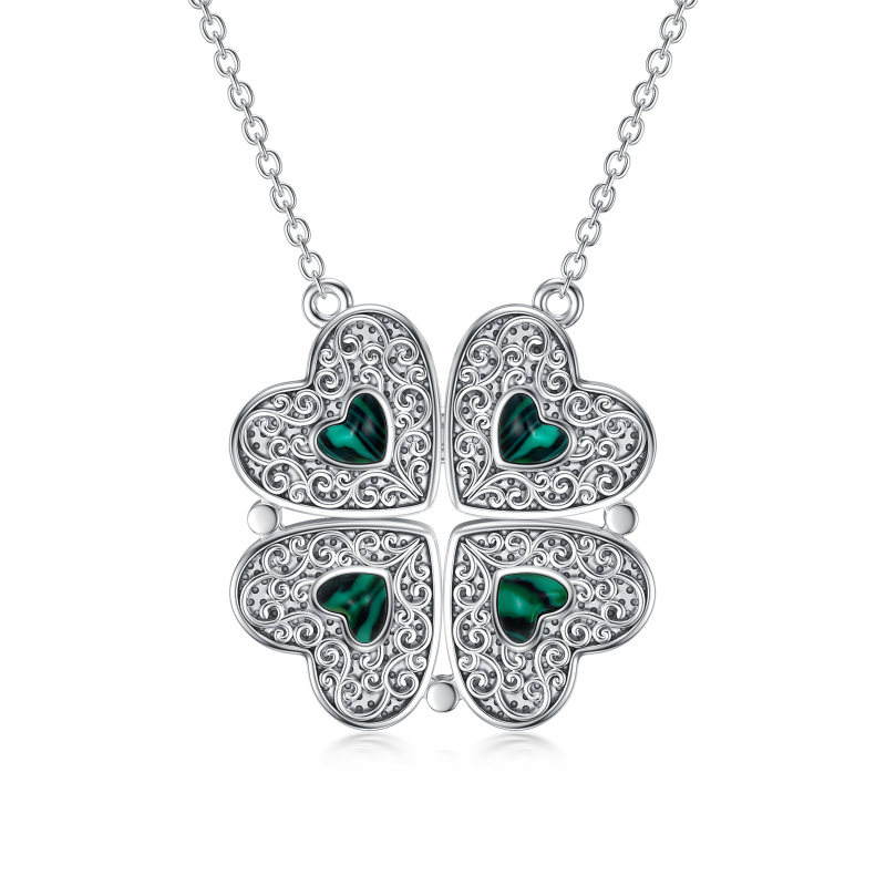 Sterling Silver Malachite Four Leaf Clover & Heart Pendant Necklace-3
