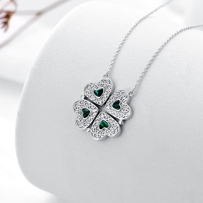 Sterling Silver Malachite Four Leaf Clover & Heart Pendant Necklace-3