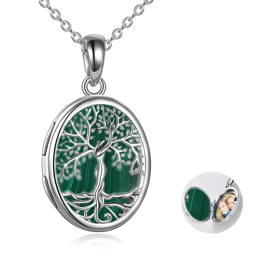 Sterling Silver Malachite Tree Of Life Oval Shaped Personalized Photo Locket Necklace-5