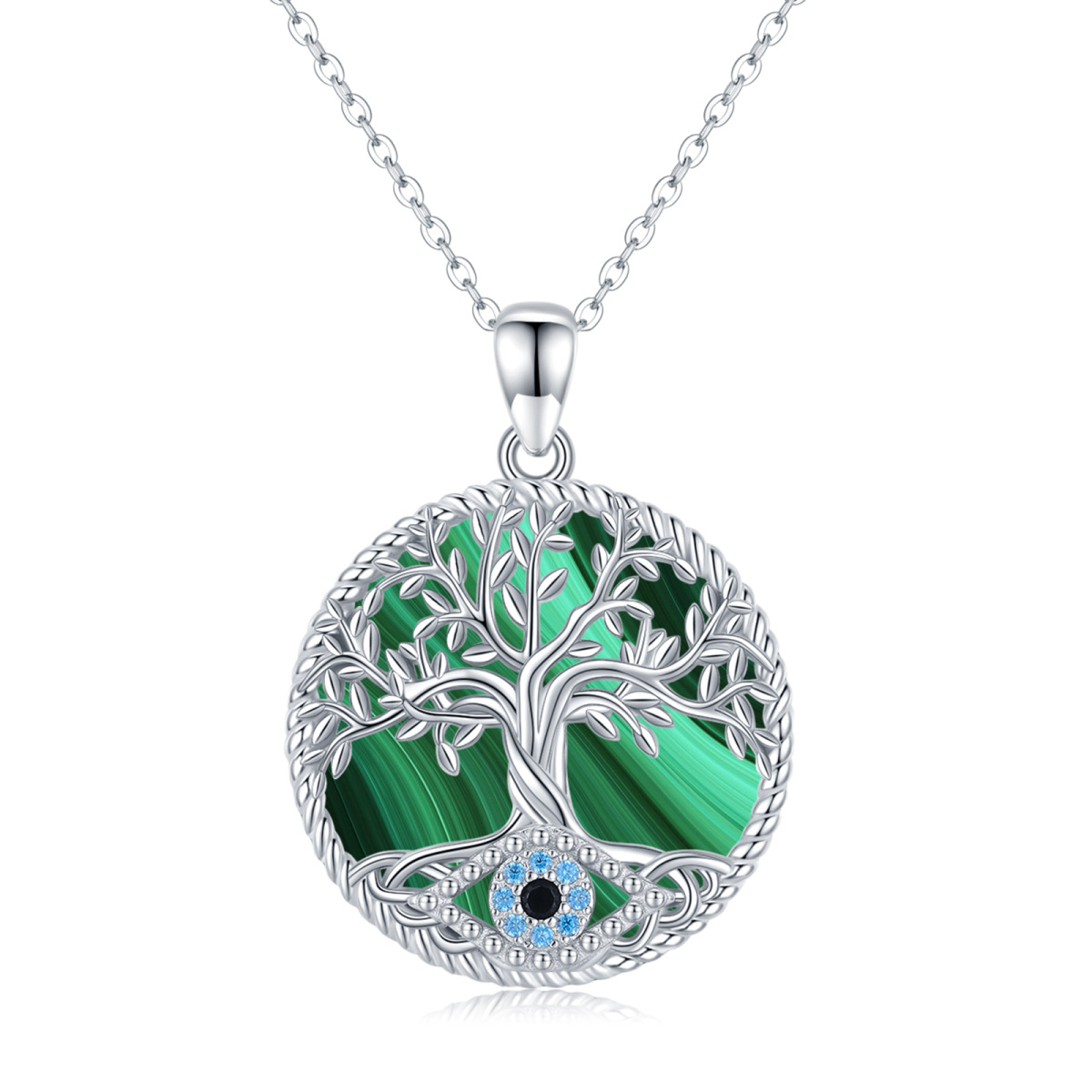 Sterling Silver Malachite Tree Of Life Pendant Necklace-1