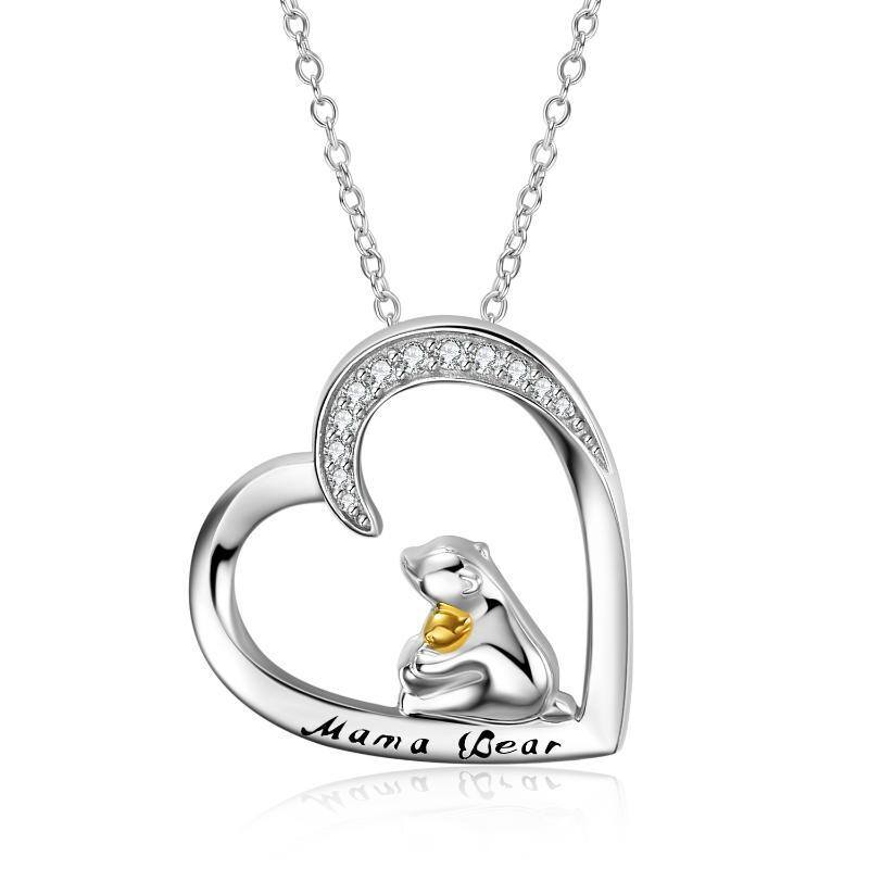 Collar de plata de ley con corazón grabado de oso y circonita cúbica de dos tonos para mujer-2