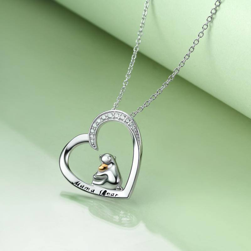 Sterling Silver Two-tone Cubic Zirconia Bear Engraved Heart Necklace for Women-3