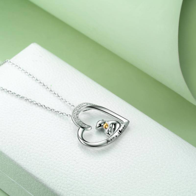 Sterling Silver Two-tone Cubic Zirconia Bear Engraved Heart Necklace for Women-4