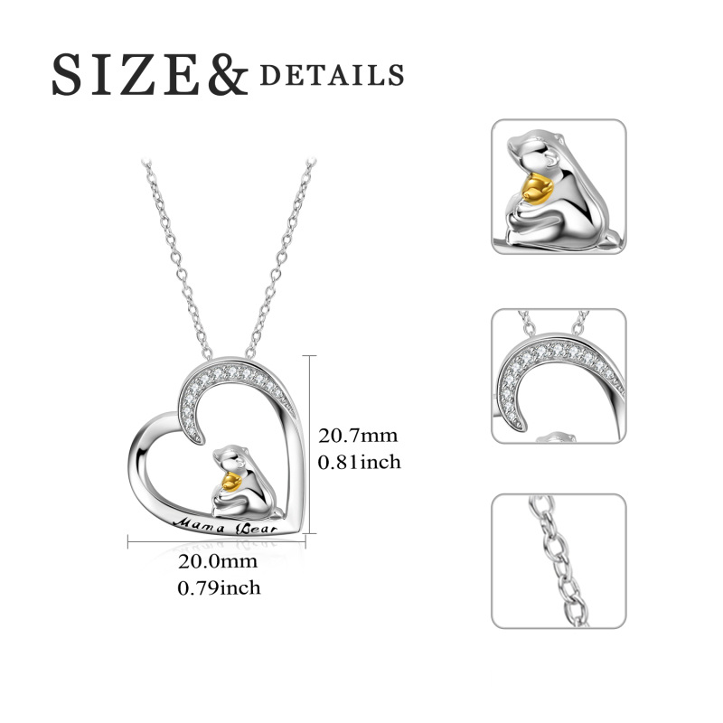 Sterling Silver Two-tone Cubic Zirconia Bear Engraved Heart Necklace for Women-5