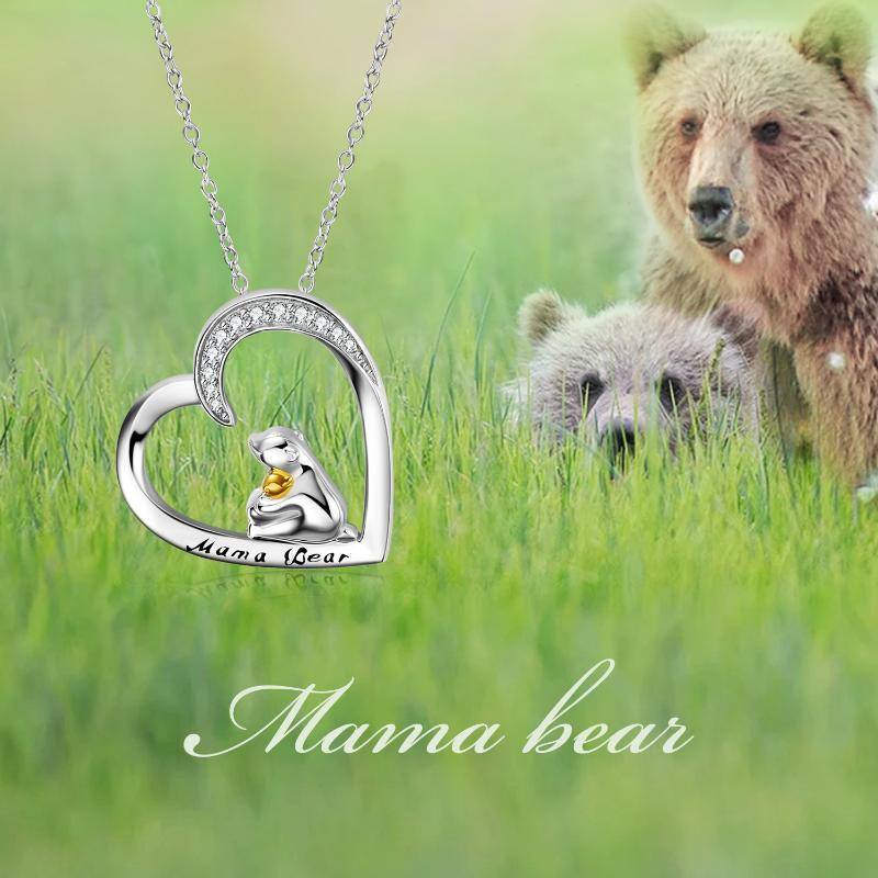 Sterling Silver Two-tone Cubic Zirconia Bear Engraved Heart Necklace for Women-6