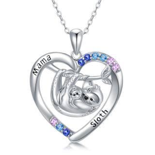 Sterling Silver Cubic Zirconia Mama Sloth Heart Pendant Necklace-5