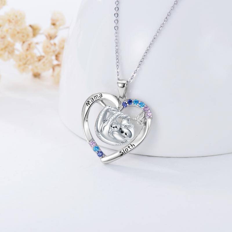 Sterling Silver Cubic Zirconia Mama Sloth Heart Pendant Necklace-3