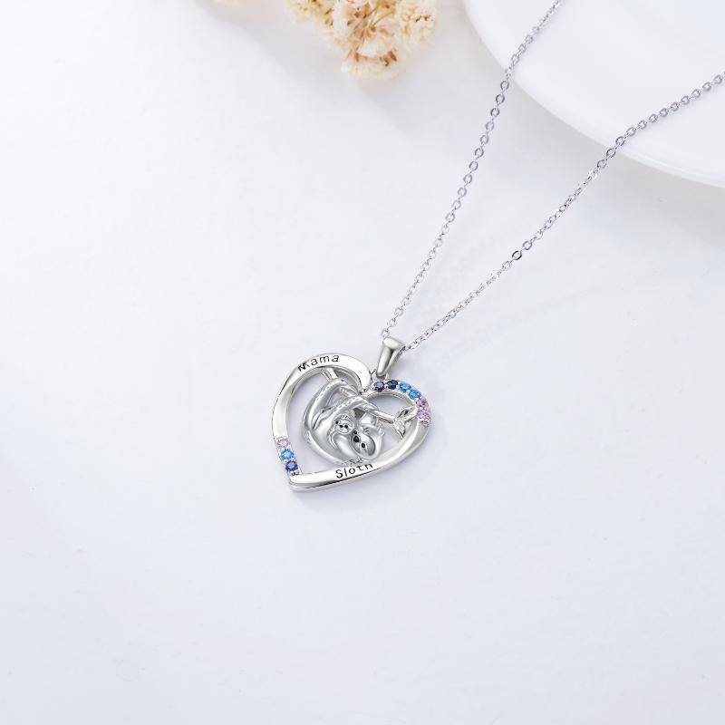 Sterling Silver Cubic Zirconia Mama Sloth Heart Pendant Necklace-4