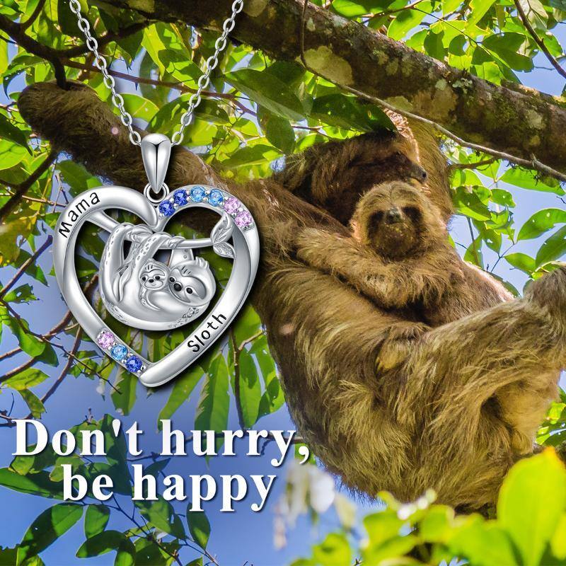 Colar com pingente de coração Mama Sloth em prata de lei com zircónias cúbicas-5