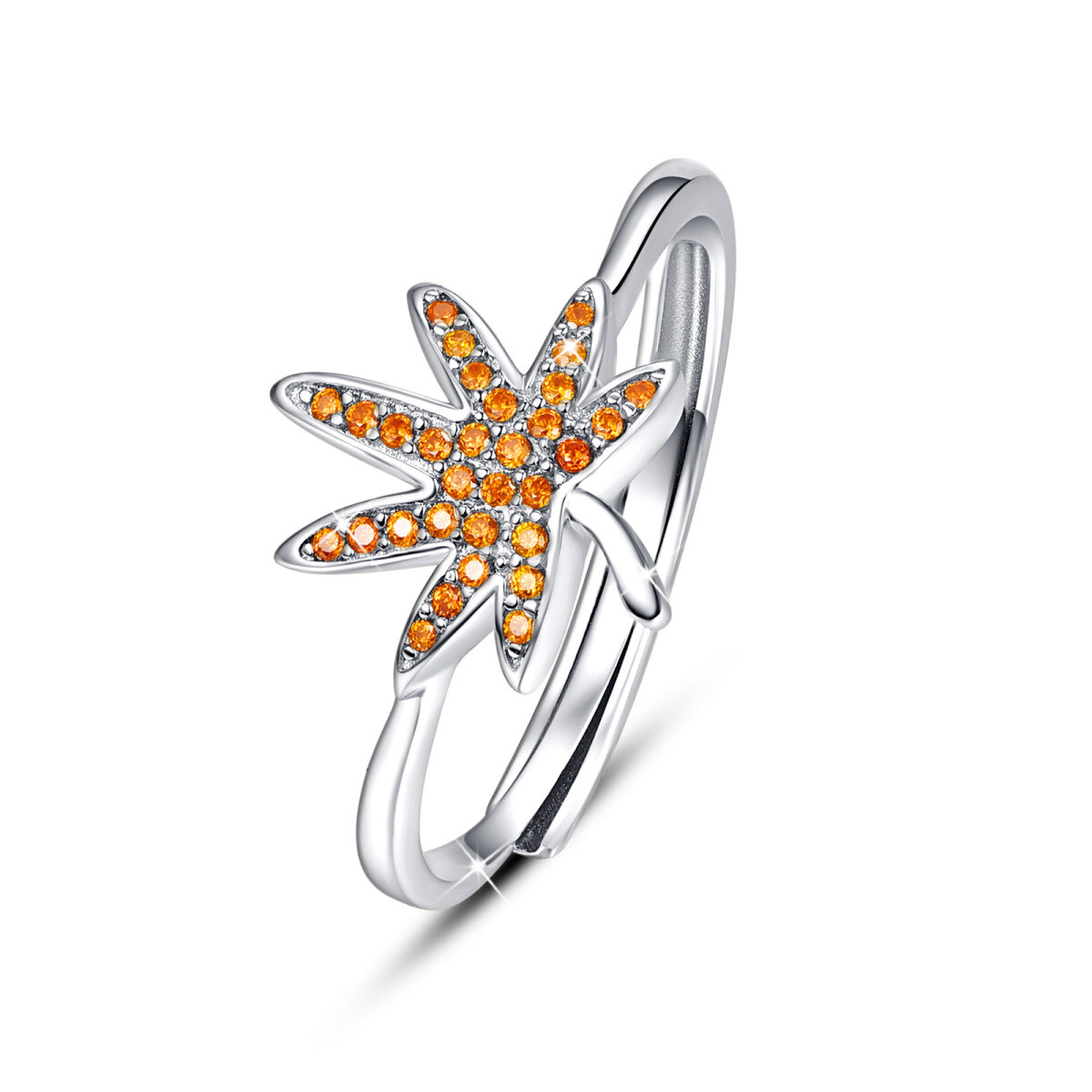 Sterling Silver Round Cubic Zirconia Maple Leaf Ring-1