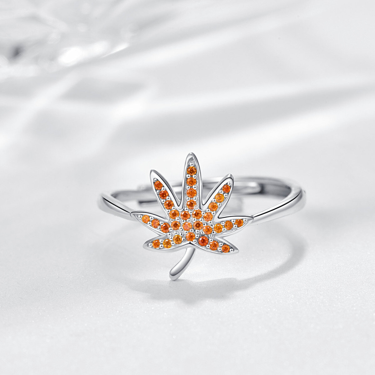 Sterling Silver Round Cubic Zirconia Maple Leaf Ring-4