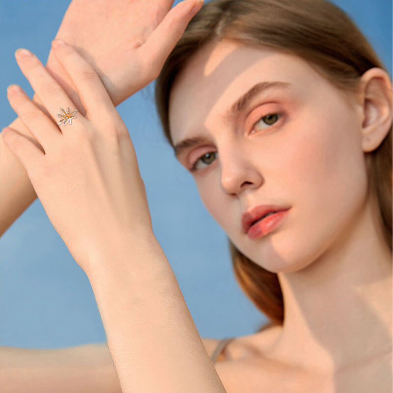 خاتم من الفضة الإسترلينية مرصع بالزركونيا المكعبة على شكل ورقة القيقب-2