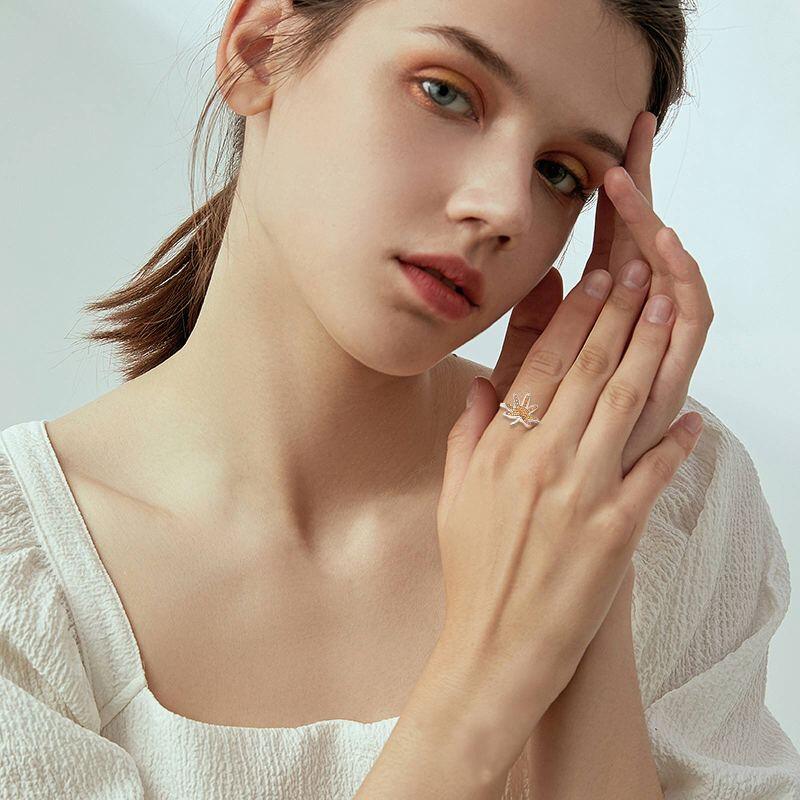 خاتم من الفضة الإسترلينية مرصع بالزركونيا المكعبة على شكل ورقة القيقب-3