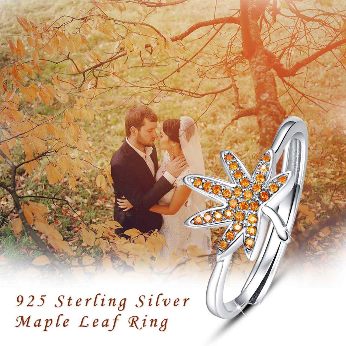 Sterling Silver Round Cubic Zirconia Maple Leaf Ring-6