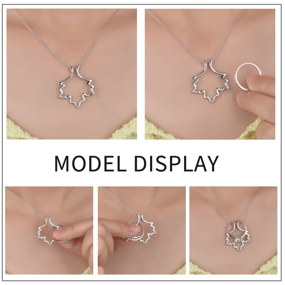 Sterling Silver Cubic Zirconia Maple Leaf & Ring Holder Pendant Necklace-5