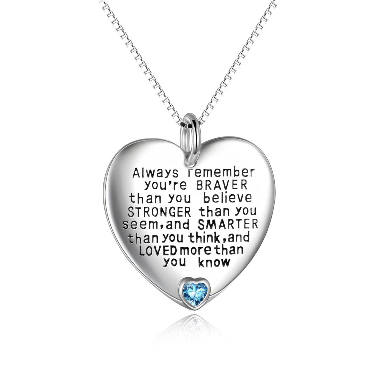 Sterling Silver March Birthstone Cubic Zirconia Heart Pendant Inspirational Necklace-1