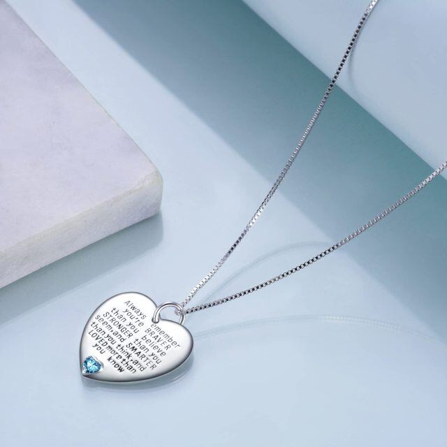 Sterling Silver March Birthstone Cubic Zirconia Heart Pendant Inspirational Necklace-4