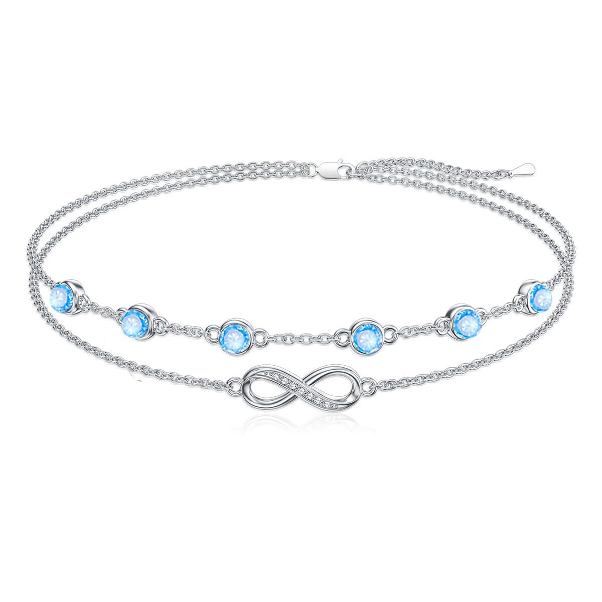 Sterling Silver Cubic Zirconia March Birthstone Infinity Symbol Multi-layered Anklet-1