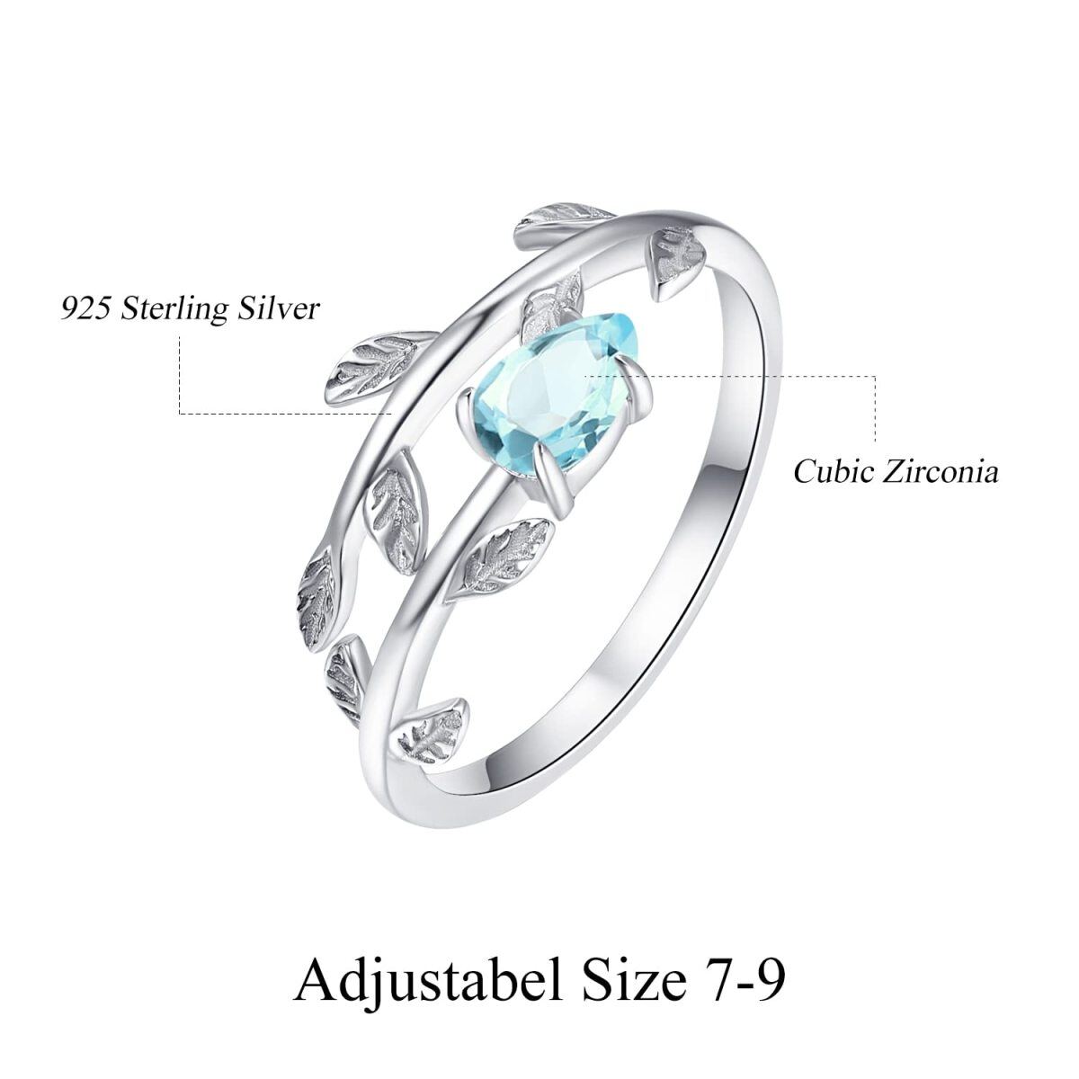 Offener Ring aus Sterlingsilber mit Geburtsstein für März und Blättern in Birnenform mit Zirkonia-5