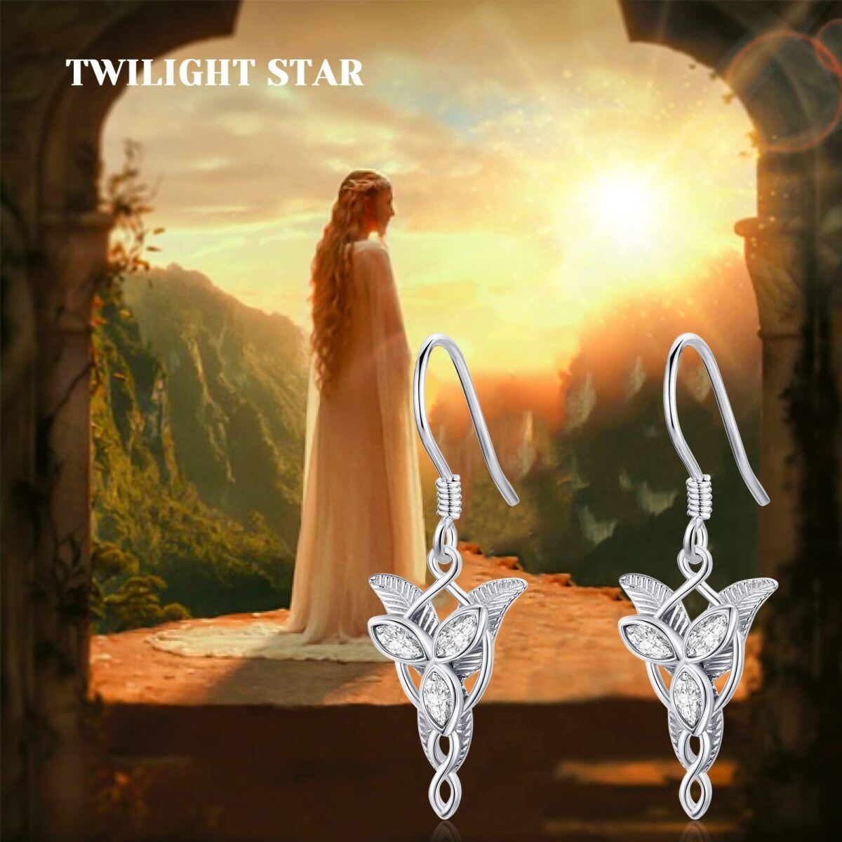 Sterling Silver Marquise Cubic Zirconia Lord of the Rings Arwen Evenstar Drop Earrings-6