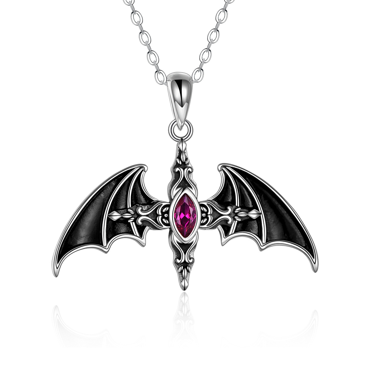 Sterling Silver Marquise Shaped Cubic Zirconia Bat Pendant Necklace for Men-1