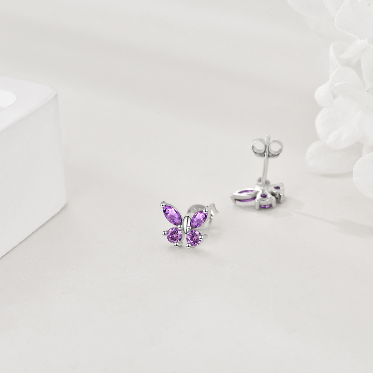 Sterling Silver Marquise Shaped Cubic Zirconia Butterfly Stud Earrings-3