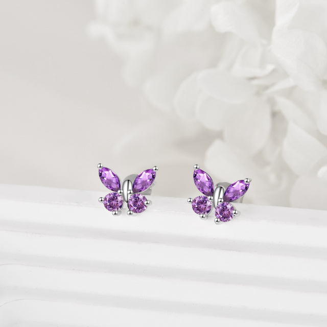 Sterling Silver Marquise Shaped Cubic Zirconia Butterfly Stud Earrings-4