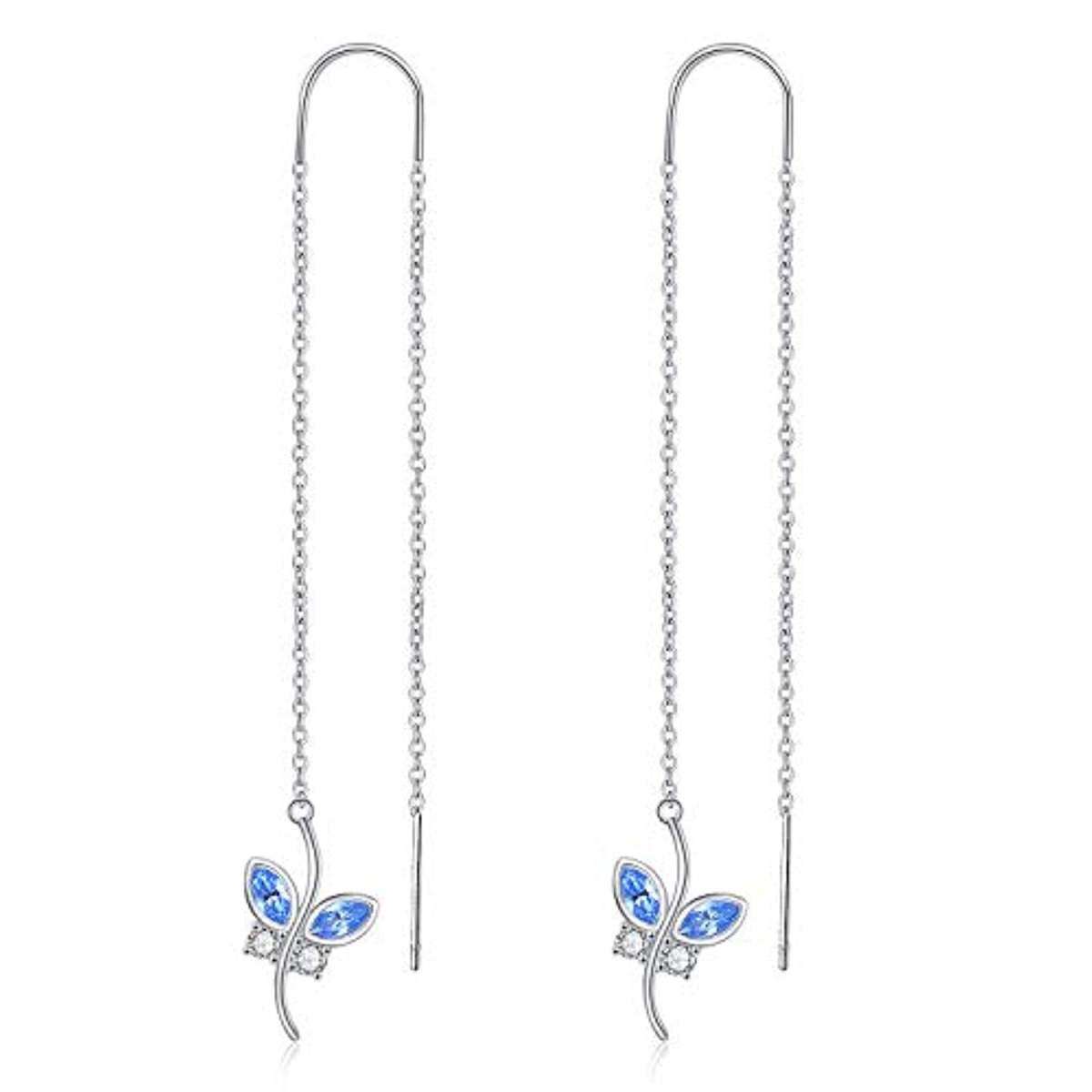 Sterling Silver Marquise Shaped Crystal Butterfly Drop Earrings-1