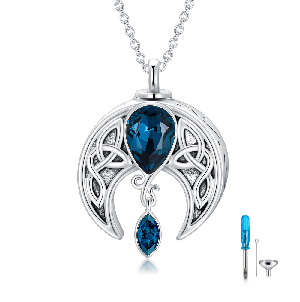 Sterling Silver Marquise Shaped Crystal Celtic Knot & Moon Urn Necklace for Ashes-1