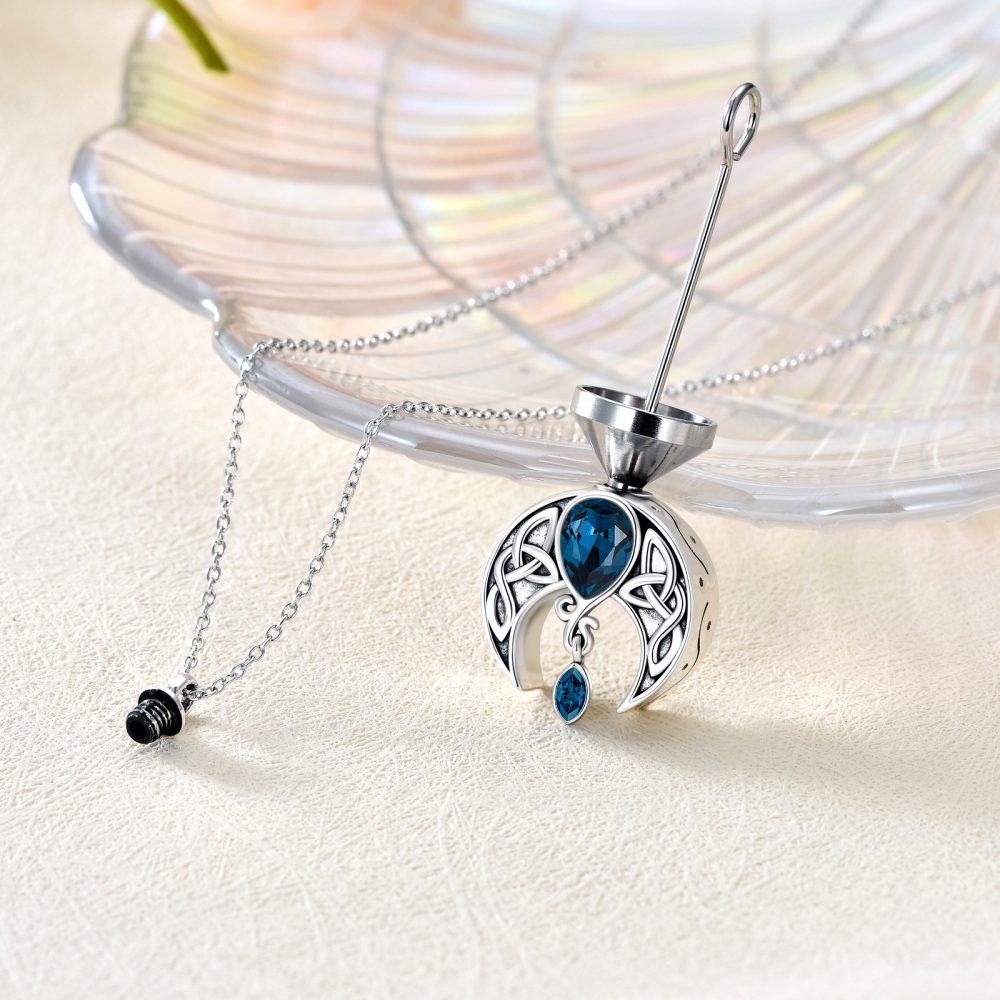 Sterling Silver Marquise Shaped Crystal Celtic Knot & Moon Urn Necklace for Ashes-4