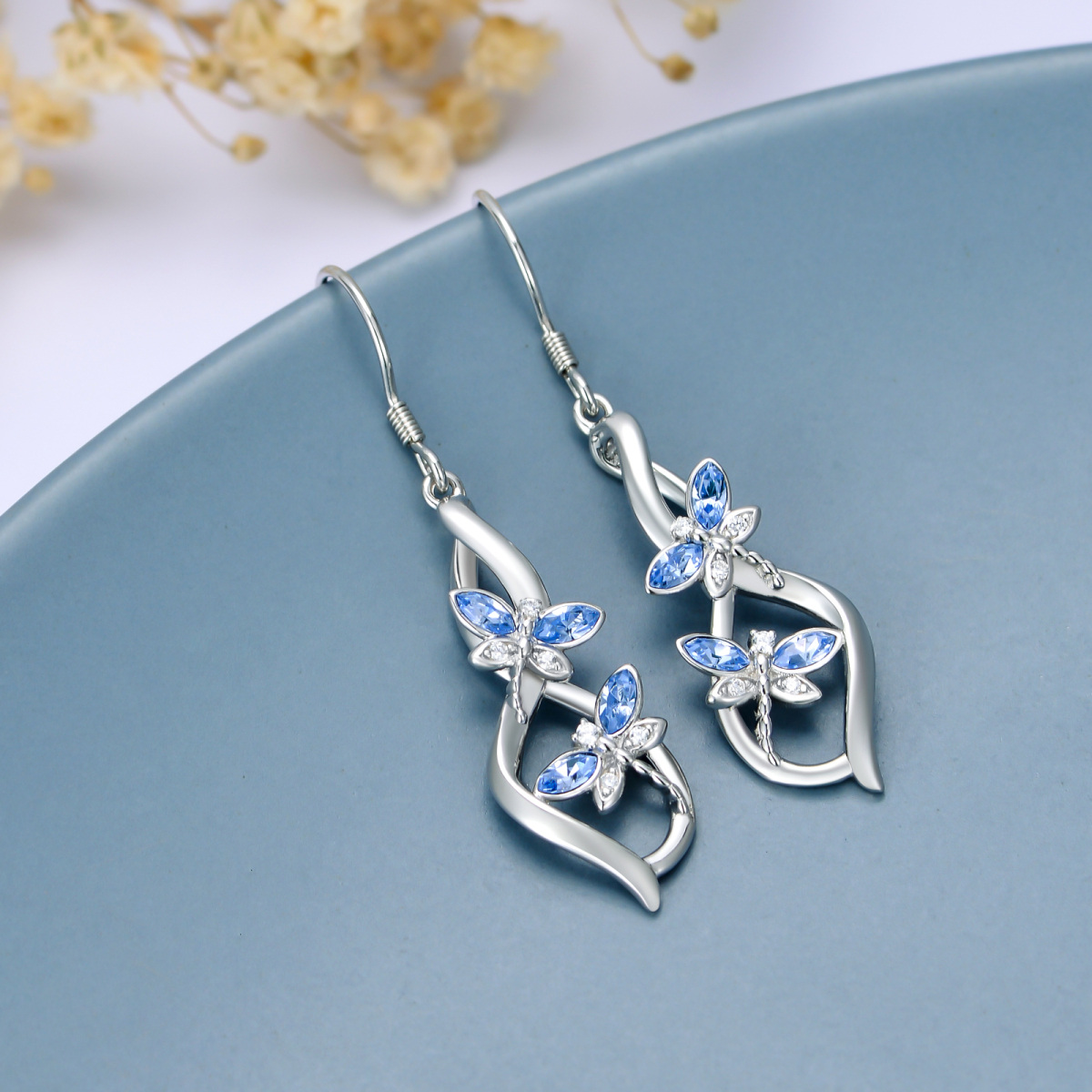 Sterling Silver Marquise Shaped Crystal Dragonfly Drop Earrings-3