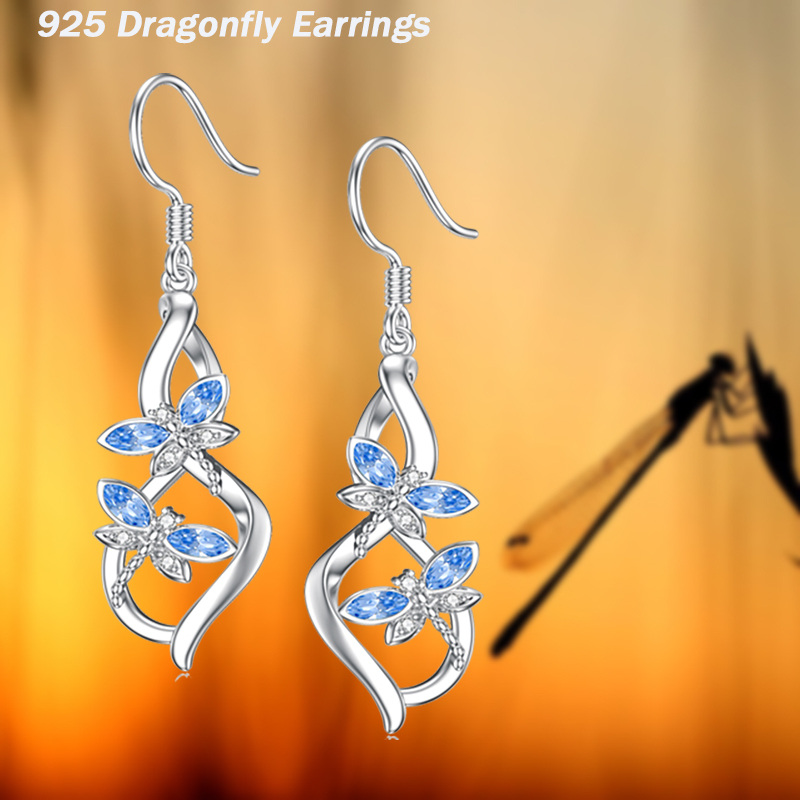 Sterling Silver Marquise Shaped Crystal Dragonfly Drop Earrings-5