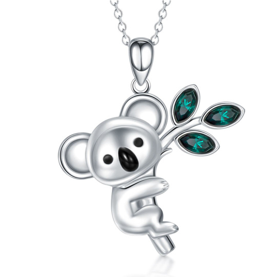 Sterling Silver Marquise Shaped Crystal Koala & Leaves Pendant Necklace