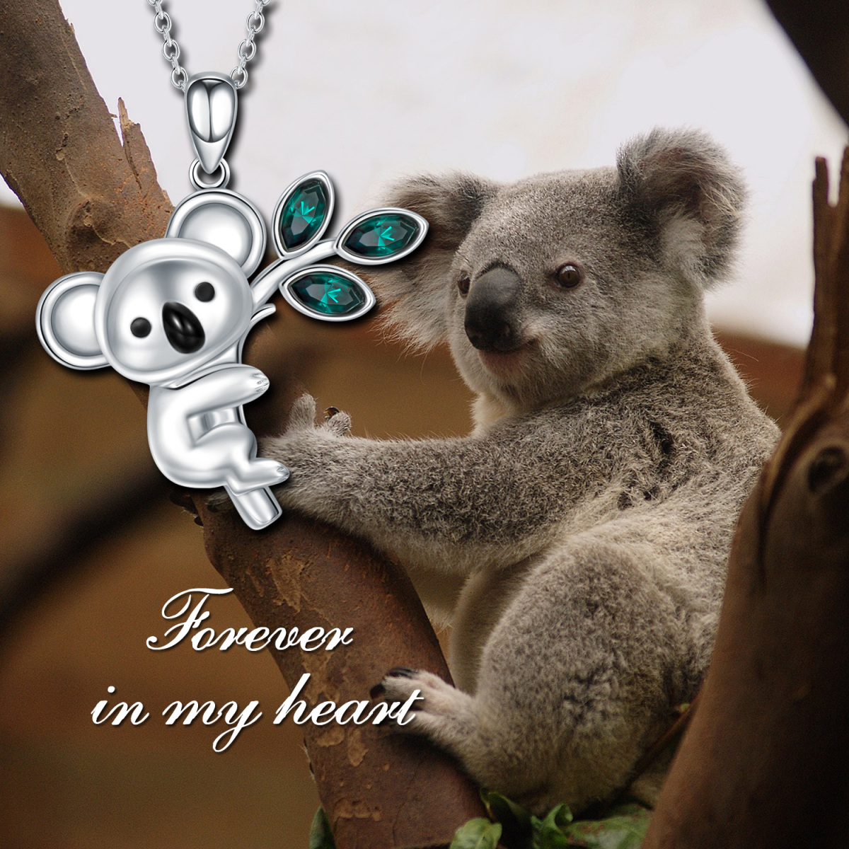 Sterling Silver Marquise Shaped Crystal Koala & Leaves Pendant Necklace-5