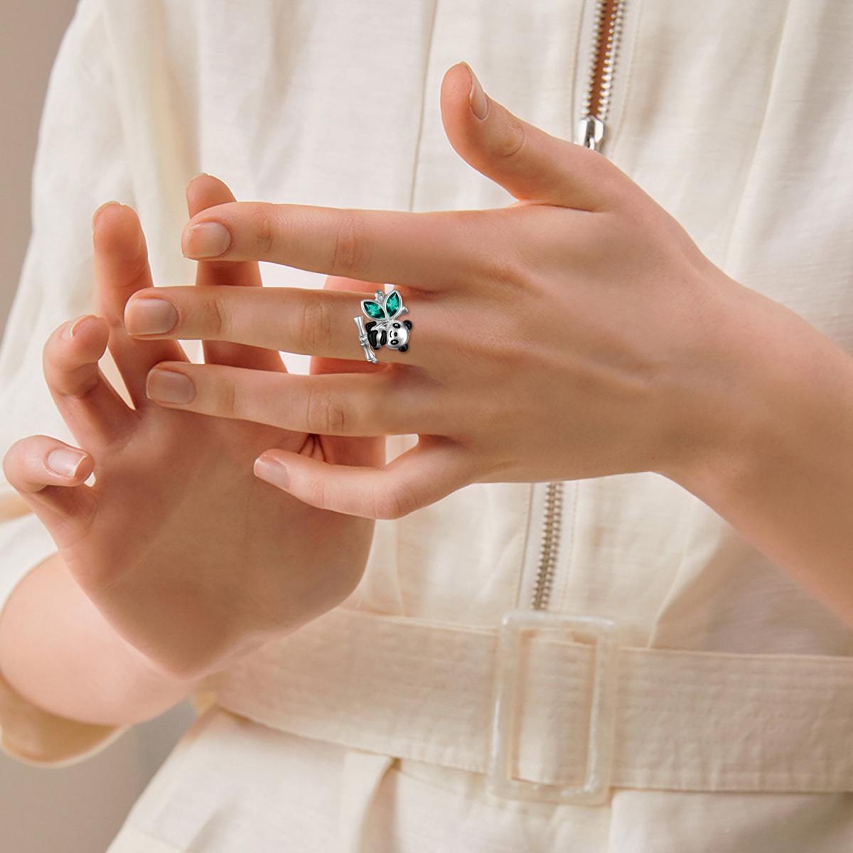 Bague en argent sterling en forme de panda et bambou en cristal Marquise-2