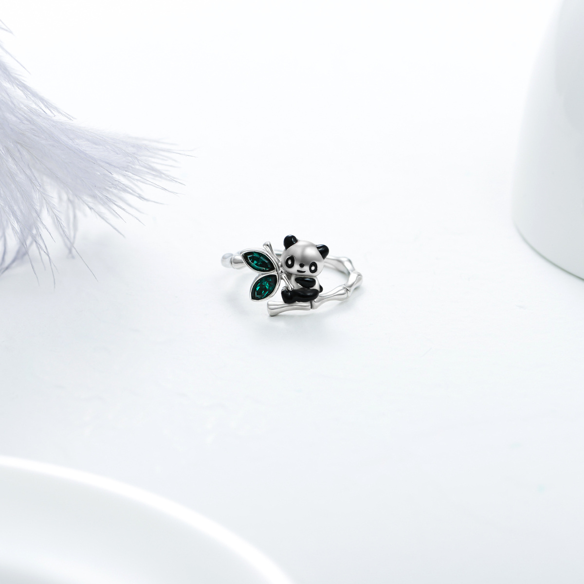 Anello in argento sterling con panda e bambù di cristallo a forma di marquise-4