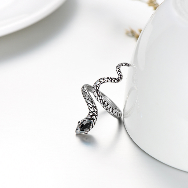 Anel aberto ajustável de prata esterlina 925 de cristal preto cobra para mulheres e homens-4