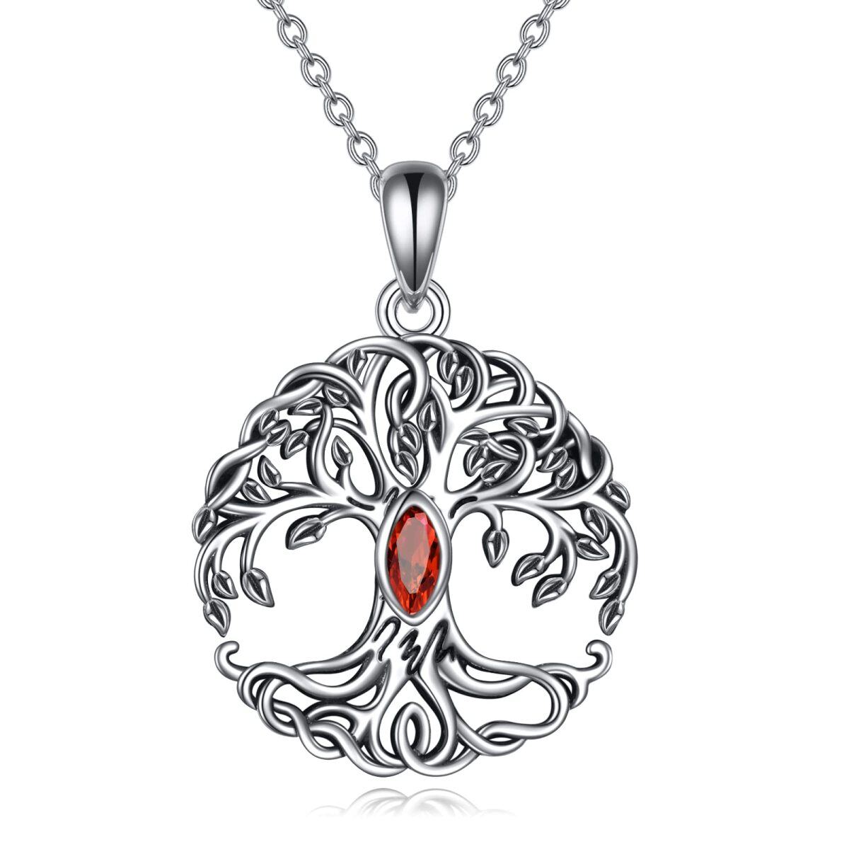 Sterling Silver Marquise Shaped Crystal Tree Of Life Pendant Necklace-1