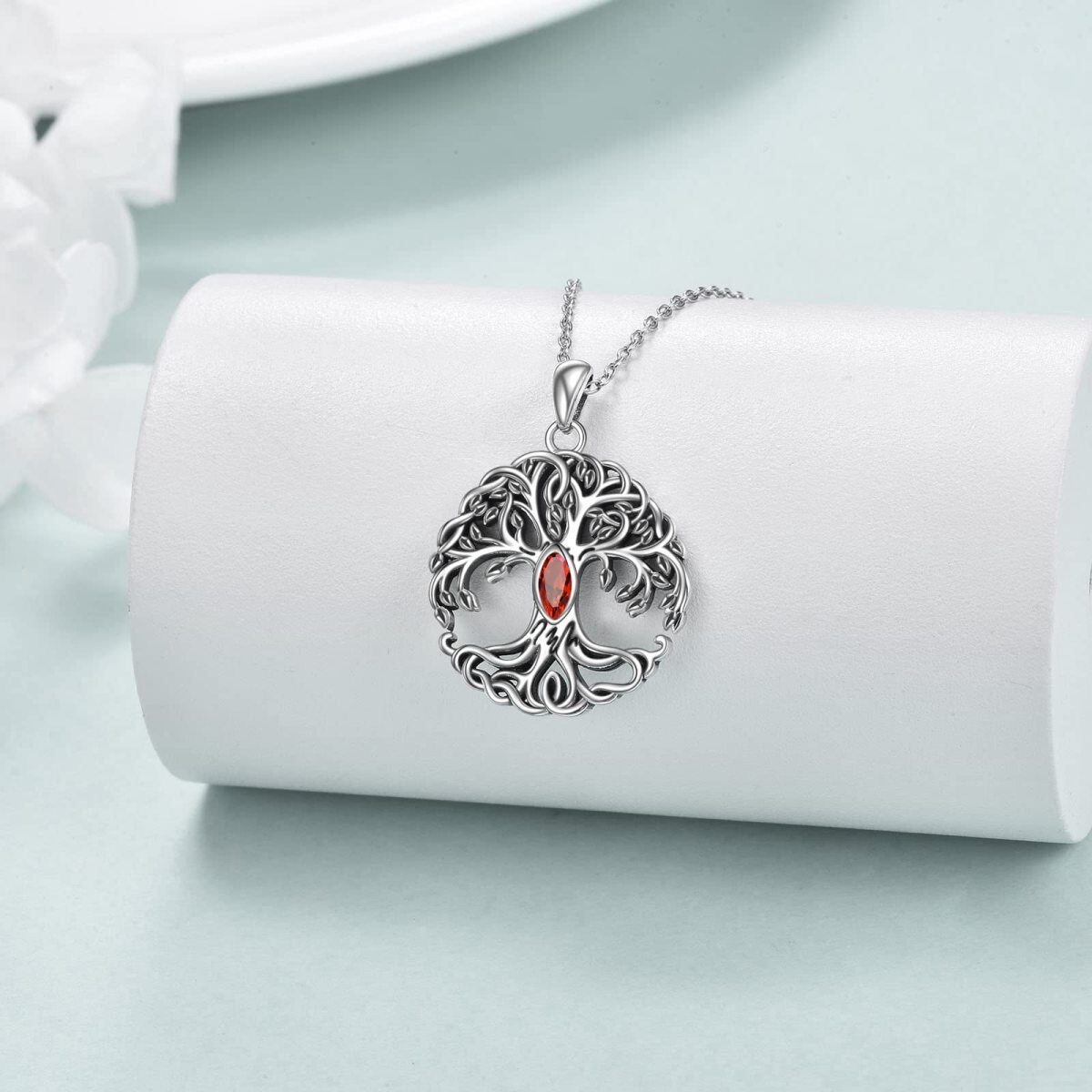 Sterling Silver Marquise Shaped Crystal Tree Of Life Pendant Necklace-3